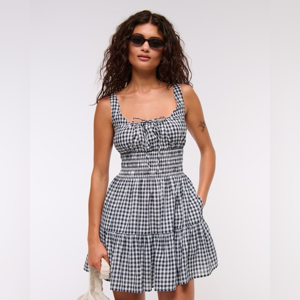 NWT- Abercrombie & Fitch Smocked Tie Front Mini Dress, Small Tall
